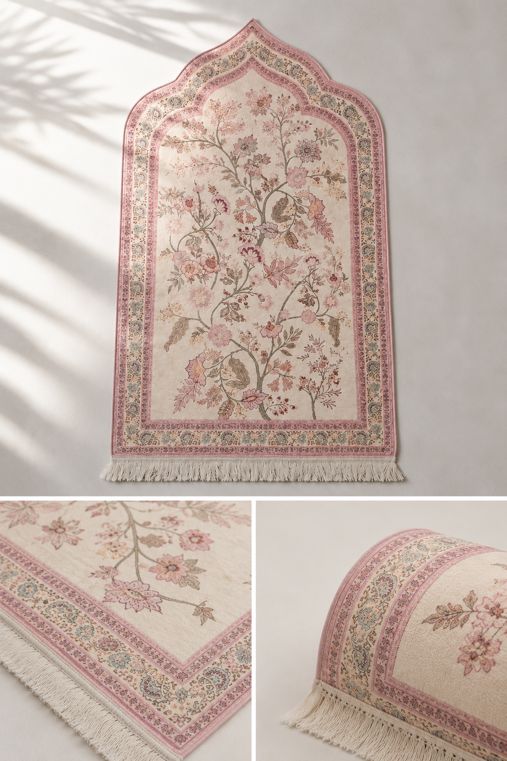 Blush Rose Mihrab Prayer Mat - Turkish Floral Design with Tassels | Soft Velvet Touch — photo 2