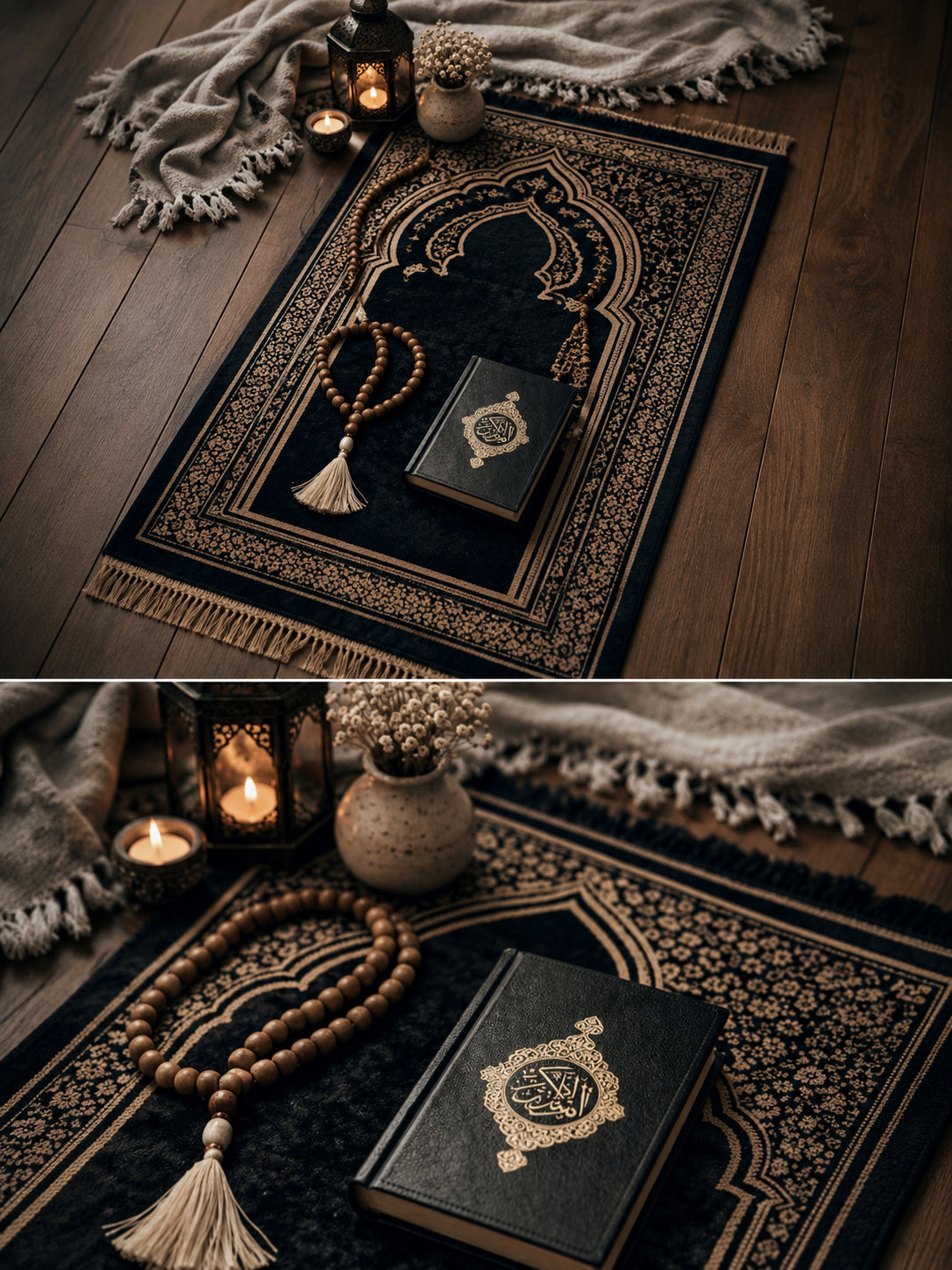 Premium Velvet Prayer Mat with Gold Islamic Pattern | Soft Janamaz for Salah