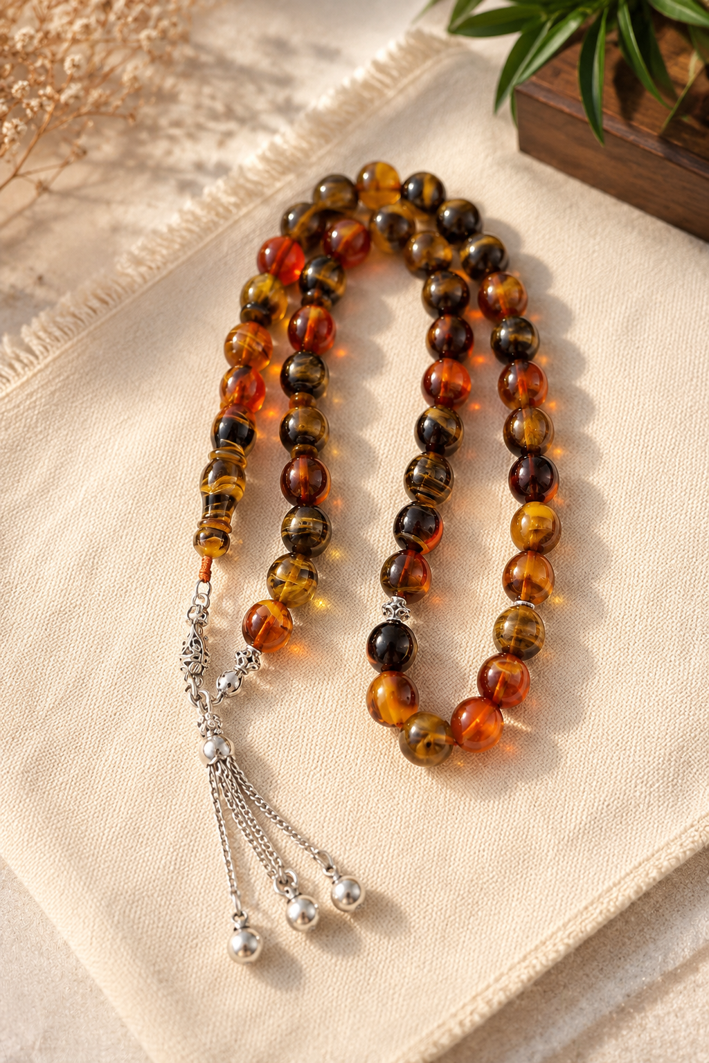 Yamni Aqeeq Stone Tasbeeh - Natural Agate with Silver Tassel